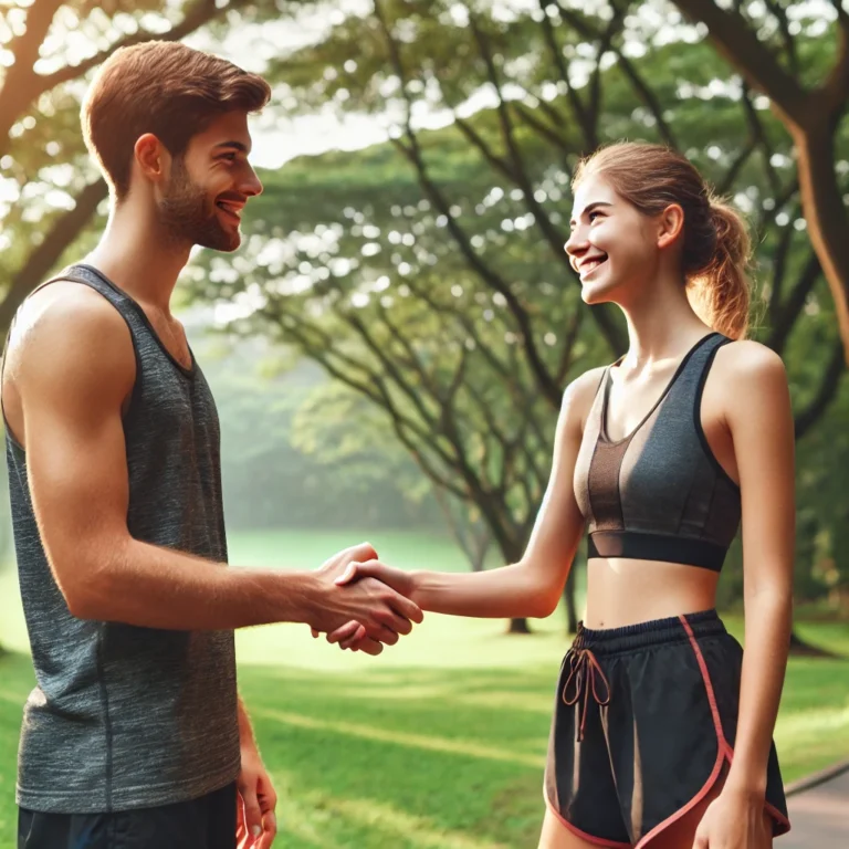 Two people in running outfits shake hands in a park, looking at each other with friendly smiles. Symbolising the reliable and supportive relationships of my trusted professional network.